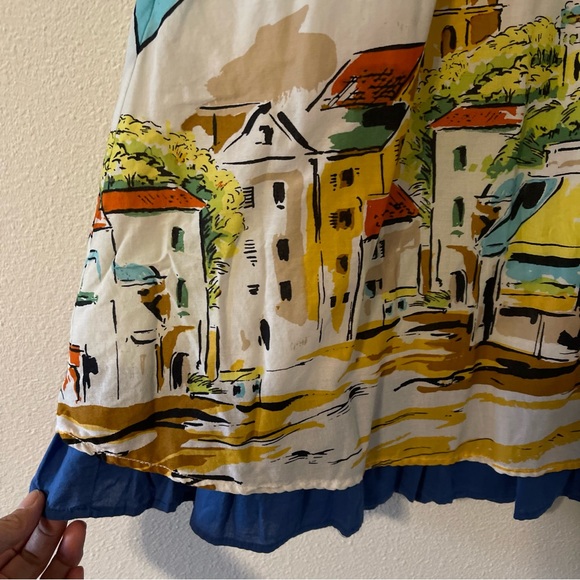 Garnet Hill Vacation Village Novelty Scene A-Line Skirt Blue Side Tie Cotton-M - Picture 4 of 8